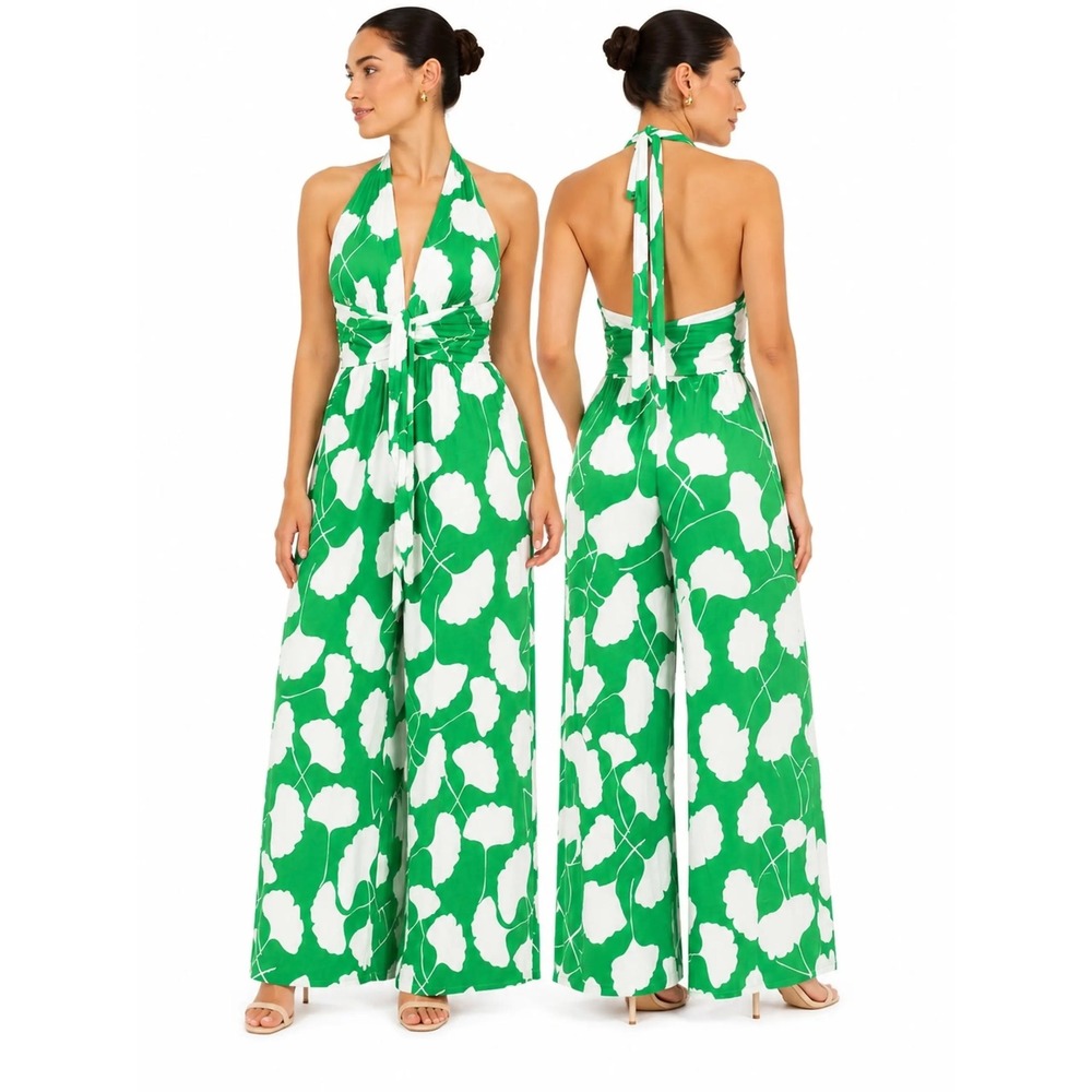 Diane von Furstenberg for Target Green Ginkgo Leaf Halter Wide Leg Jumpsuit 2X